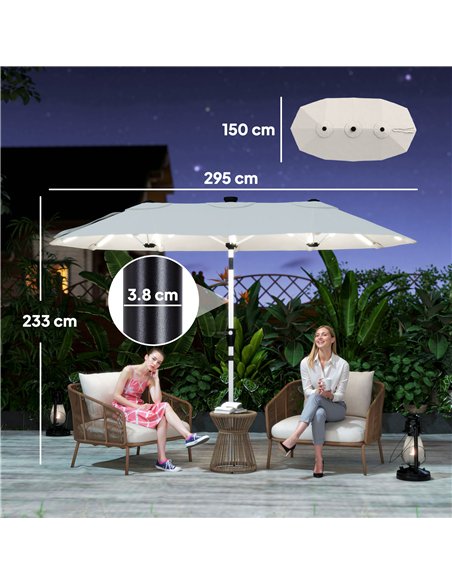 Outsunny 3 m Double-Sided Garden Parasol with LED Solar Lights, Tilt, Outdoor Extra Large Sun Umbrella with Crank Handle, Cream - pic 189483 | FastDaddyshop