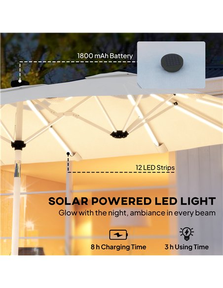Outsunny 3 m Double-Sided Garden Parasol with LED Solar Lights, Tilt, Outdoor Extra Large Sun Umbrella with Crank Handle, Cream - pic 189484 | FastDaddyshop
