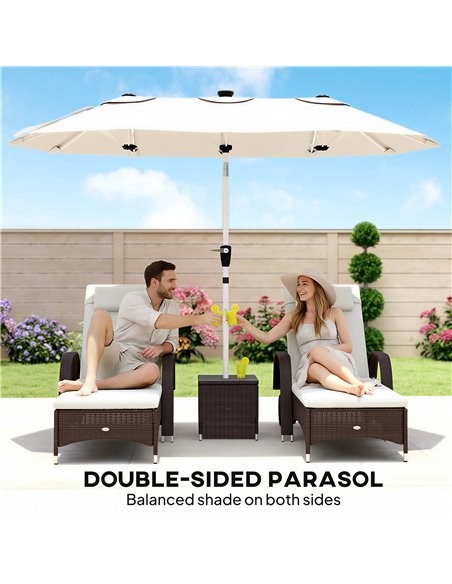 Outsunny 3 m Double-Sided Garden Parasol with LED Solar Lights, Tilt, Outdoor Extra Large Sun Umbrella with Crank Handle, Cream - pic 189485 | FastDaddyshop