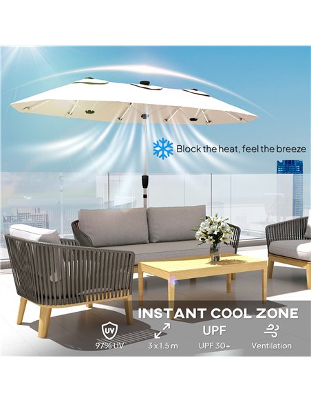 Outsunny 3 m Double-Sided Garden Parasol with LED Solar Lights, Tilt, Outdoor Extra Large Sun Umbrella with Crank Handle, Cream - pic 189486 | FastDaddyshop
