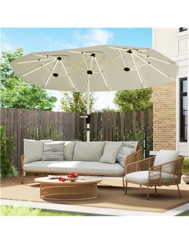 Outsunny 3 m Double-Sided Garden Parasol with LED Solar Lights, Tilt, Outdoor Extra Large Sun Umbrella with Crank Handle, Cream