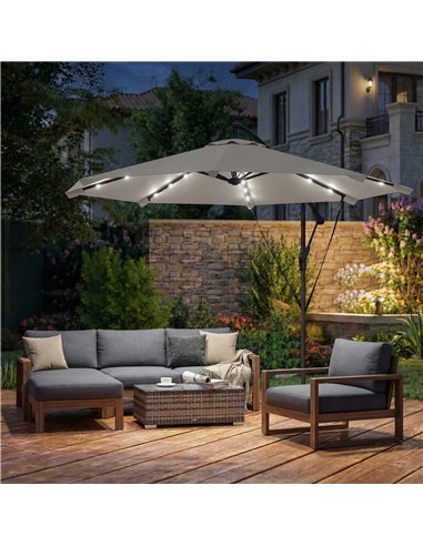 Outsunny 3 m Cantilever Parasol with Solar LED Lights Garden Umbrella with Cross Base, Light Grey