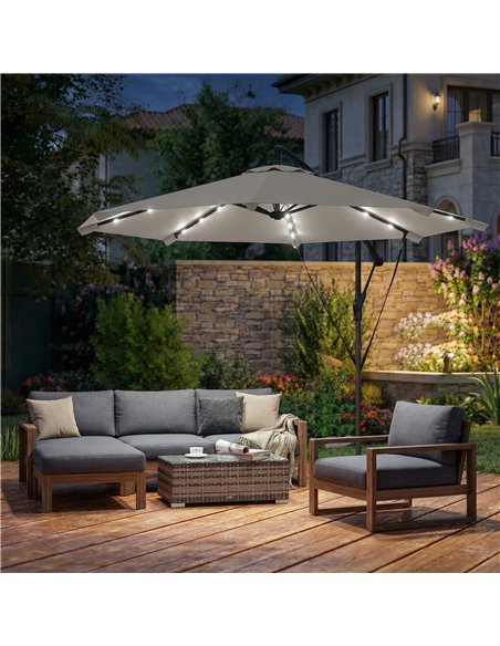 Outsunny 3 m Cantilever Parasol with Solar LED Lights Garden Umbrella with Cross Base, Light Grey - pic 189491 | FastDaddyshop