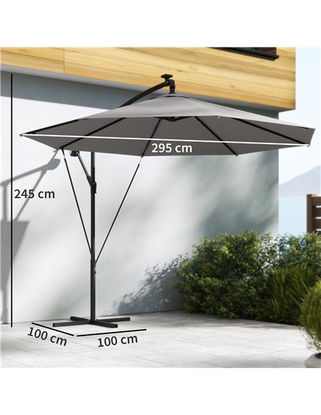 Outsunny 3 m Cantilever Parasol with Solar LED Lights Garden Umbrella with Cross Base, Light Grey - pic 189492 | FastDaddyshop
