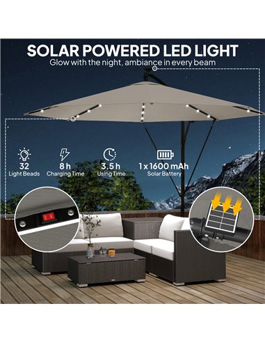 Outsunny 3 m Cantilever Parasol with Solar LED Lights Garden Umbrella with Cross Base, Light Grey