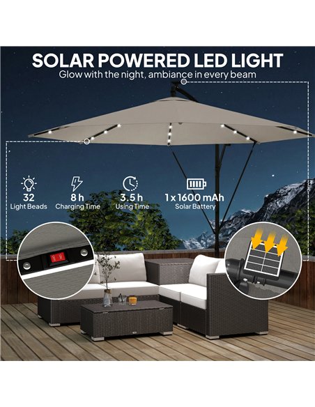 Outsunny 3 m Cantilever Parasol with Solar LED Lights Garden Umbrella with Cross Base, Light Grey - pic 189493 | FastDaddyshop