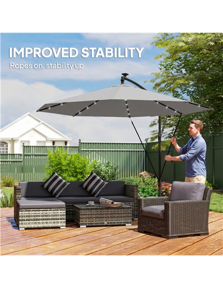 Outsunny 3 m Cantilever Parasol with Solar LED Lights Garden Umbrella with Cross Base, Light Grey - pic 189494 | FastDaddyshop