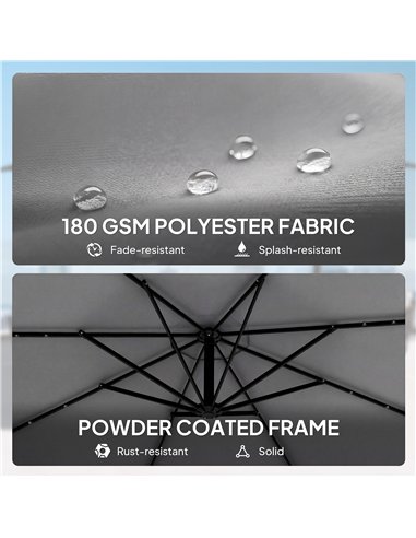 Outsunny 3 m Cantilever Parasol with Solar LED Lights Garden Umbrella with Cross Base, Light Grey