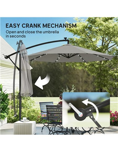 Outsunny 3 m Cantilever Parasol with Solar LED Lights Garden Umbrella with Cross Base, Light Grey