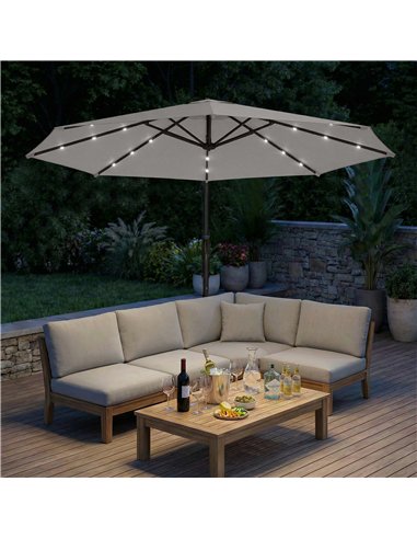 Outsunny 3 m Cantilever Parasol with Solar LED Lights Garden Umbrella with Cross Base, Light Grey