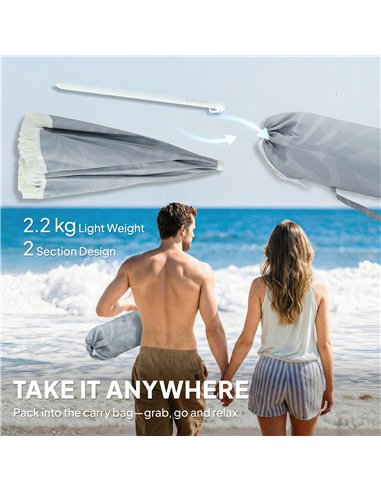 Outsunny 1.8 m Beach Umbrella Parasol with Sand Anchor, Portable Tilting Garden Parasol with Adjustable Height, Light Grey