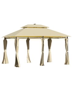 Outsunny 4x3m Outdoor Gazebo with LED Solar Light, 2-Tier Roof, Curtains, Steel Frame, Khaki
