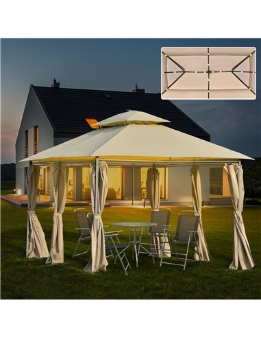 Outsunny 4x3m Outdoor Gazebo with LED Solar Light, 2-Tier Roof, Curtains, Steel Frame, Khaki