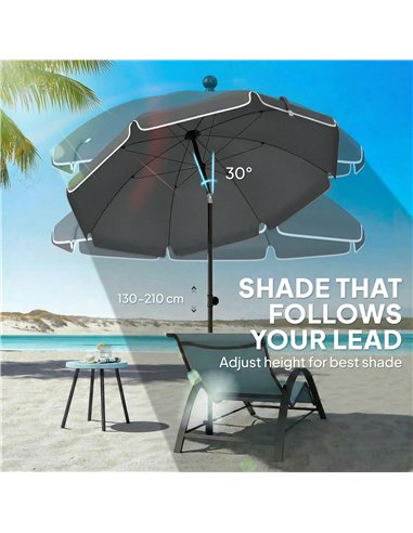 Outsunny 1.8 m Beach Umbrella Parasol with Sand Anchor, Portable 30° Tilting Patio Sun Shade with Adjustable Height, Dark Grey