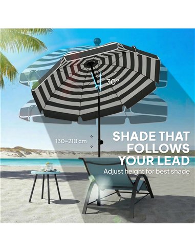 Outsunny 1.8 m Beach Umbrella Parasol with Sand Anchor, Portable 30° Tilting Patio Sun Shade with Adjustable Height, Grey/White