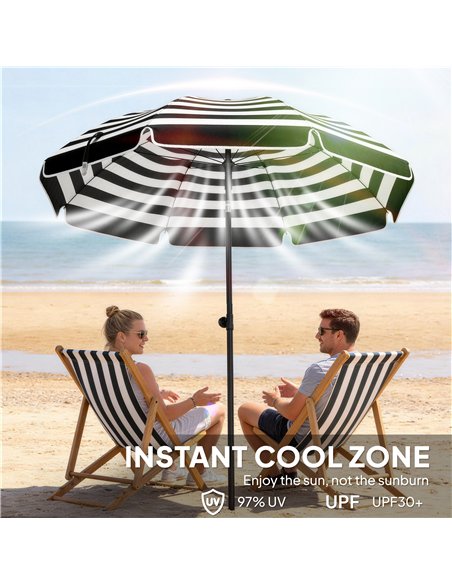 Outsunny 1.8 m Beach Umbrella Parasol with Sand Anchor, Portable 30° Tilting Patio Sun Shade with Adjustable Height, Grey/White - pic 189548 | FastDaddyshop