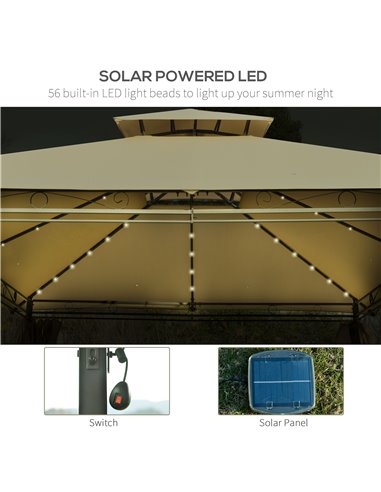 Outsunny 4x3m Outdoor Gazebo with LED Solar Light, 2-Tier Roof, Curtains, Steel Frame, Khaki