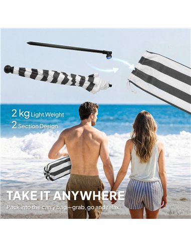 Outsunny 1.8 m Beach Umbrella Parasol with Sand Anchor, Portable 30° Tilting Patio Sun Shade with Adjustable Height, Grey/White