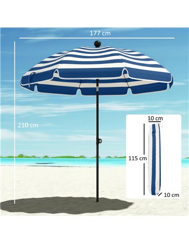 Outsunny 1.8 m Beach Umbrella Parasol with Sand Anchor, Portable 30° Tilting Patio Sun Shade with Adjustable Height, Blue/White