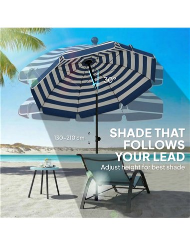 Outsunny 1.8 m Beach Umbrella Parasol with Sand Anchor, Portable 30° Tilting Patio Sun Shade with Adjustable Height, Blue/White