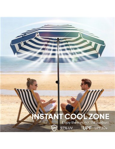 Outsunny 1.8 m Beach Umbrella Parasol with Sand Anchor, Portable 30° Tilting Patio Sun Shade with Adjustable Height, Blue/White