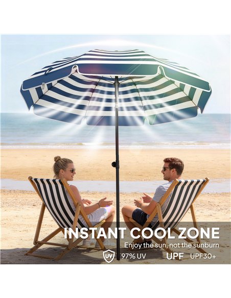 Outsunny 1.8 m Beach Umbrella Parasol with Sand Anchor, Portable 30° Tilting Patio Sun Shade with Adjustable Height, Blue/White - pic 189557 | FastDaddyshop