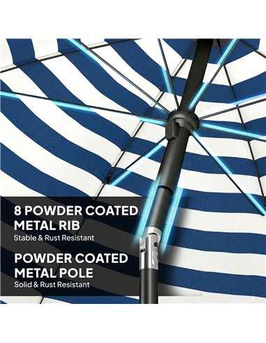Outsunny 1.8 m Beach Umbrella Parasol with Sand Anchor, Portable 30° Tilting Patio Sun Shade with Adjustable Height, Blue/White