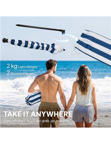 Outsunny 1.8 m Beach Umbrella Parasol with Sand Anchor, Portable 30° Tilting Patio Sun Shade with Adjustable Height, Blue/White