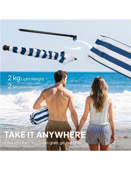 Outsunny 1.8 m Beach Umbrella Parasol with Sand Anchor, Portable 30° Tilting Patio Sun Shade with Adjustable Height, Blue/White - pic 189560 | FastDaddyshop