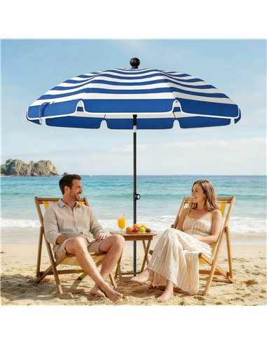 Outsunny 1.8 m Beach Umbrella Parasol with Sand Anchor, Portable 30° Tilting Patio Sun Shade with Adjustable Height, Blue/White