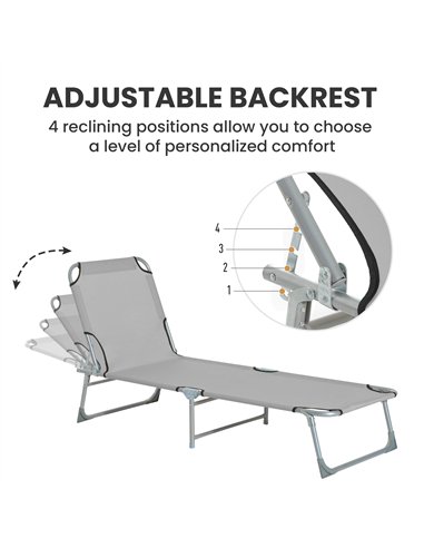 Outsunny Reclining Sun Lounger Chair Folding Camping Bed with 4-Position Adjustable Backrest, Grey