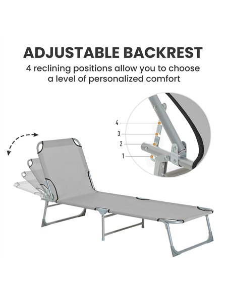 Outsunny Reclining Sun Lounger Chair Folding Camping Bed with 4-Position Adjustable Backrest, Grey - pic 189601 | FastDaddyshop