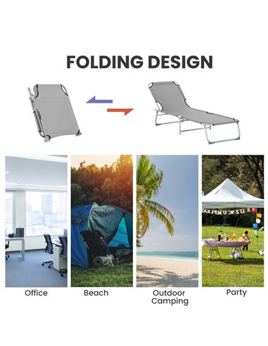 Outsunny Reclining Sun Lounger Chair Folding Camping Bed with 4-Position Adjustable Backrest, Grey