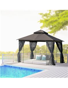 Outsunny 3x3 Gazebo with 2-Tier Roof, Curtains, Display Shelves, Top Hooks, Coffee 2