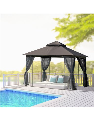 Outsunny 3x3 Gazebo with 2-Tier Roof, Curtains, Display Shelves, Top Hooks, Coffee