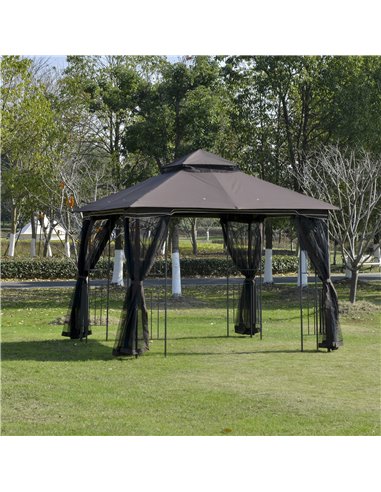 Outsunny 3x3 Gazebo with 2-Tier Roof, Curtains, Display Shelves, Top Hooks, Coffee