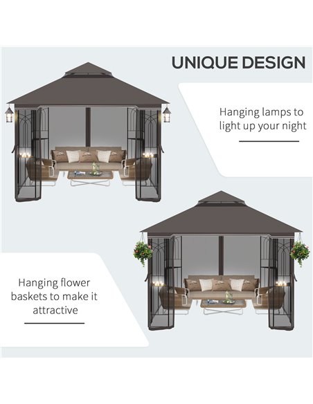 Outsunny Gazebo Garden Outdoor Canopy Double Tier Roof with Removable Mesh Curtains Display Shelves Top Hooks-Coffee - pic 18965 | FastDaddyshop