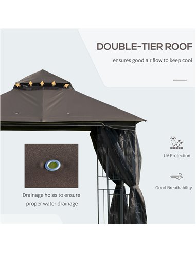 Outsunny Gazebo Garden Outdoor Canopy Double Tier Roof with Removable Mesh Curtains Display Shelves Top Hooks-Coffee