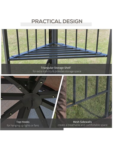 Outsunny Gazebo Garden Outdoor Canopy Double Tier Roof with Removable Mesh Curtains Display Shelves Top Hooks-Coffee