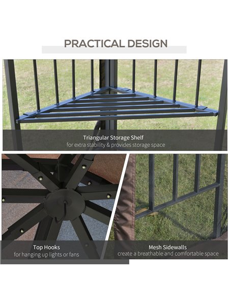 Outsunny Gazebo Garden Outdoor Canopy Double Tier Roof with Removable Mesh Curtains Display Shelves Top Hooks-Coffee - pic 18967 | FastDaddyshop