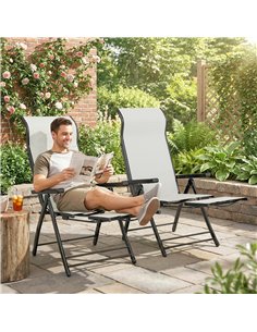 Outsunny Reclining Garden Chairs Set of 2, 5-Position Folding Sun Loungers with High Back, Retractable Footrest, Light Grey 2
