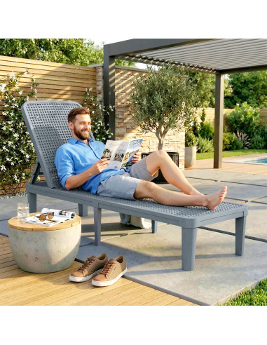 Outsunny Plastic Sun Lounger, 4-Position Adjustable Reclining Garden Lounger Sunbed for Patio, Beach, Terrace, Dark Grey