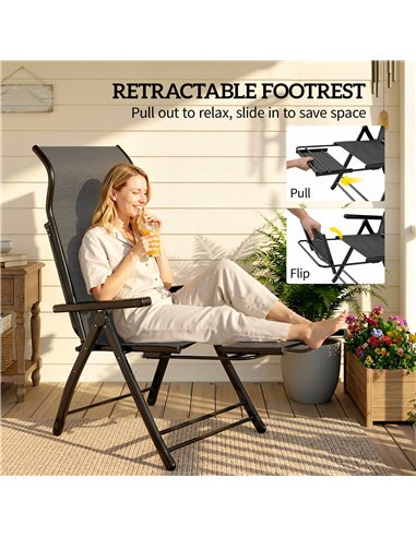 Outsunny Reclining Garden Chairs Set of 2 with High Back, Retractable Footrest, Dark Grey