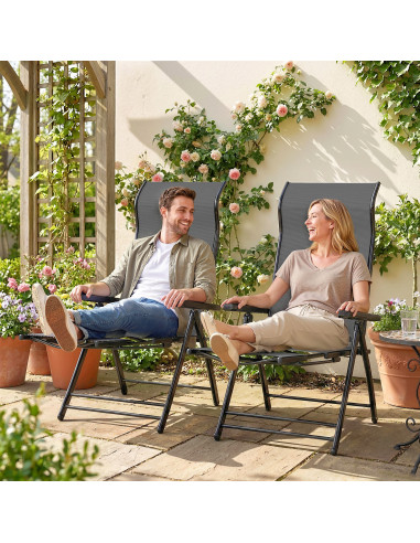 Outsunny Reclining Garden Chairs Set of 2 with High Back, Retractable Footrest, Dark Grey