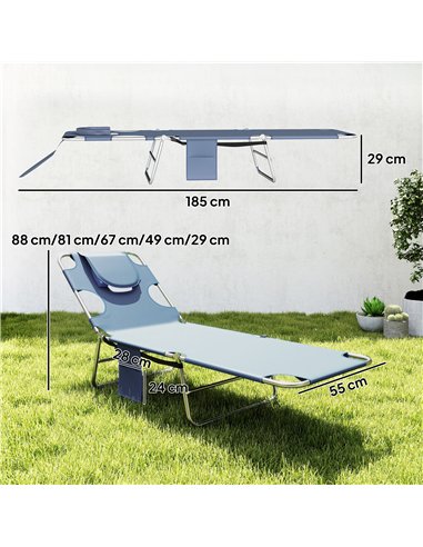 Outsunny 5-Position Adjustable Sun Loungers Set of 2 with Reading Hole and Side Pocket, Grey