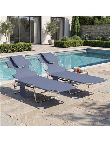 Outsunny 5-Position Adjustable Sun Loungers Set of 2 with Reading Hole and Side Pocket, Grey