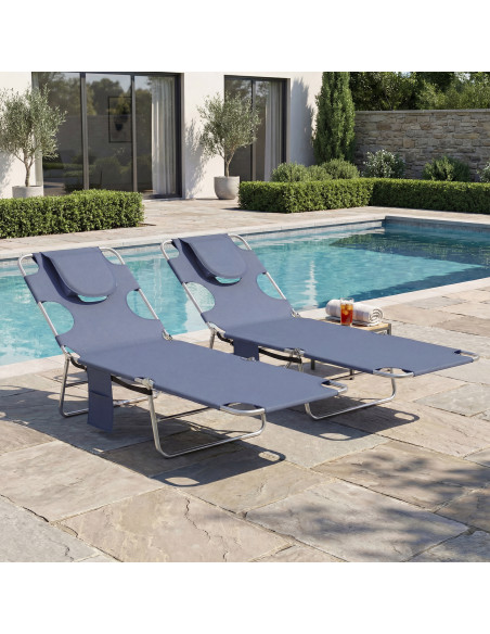 Outsunny 5-Position Adjustable Sun Loungers Set of 2 with Reading Hole and Side Pocket, Grey - pic 189740 | FastDaddyshop