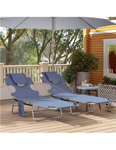 Outsunny 5-Position Adjustable Sun Loungers Set of 2 with Reading Hole and Side Pocket, Grey