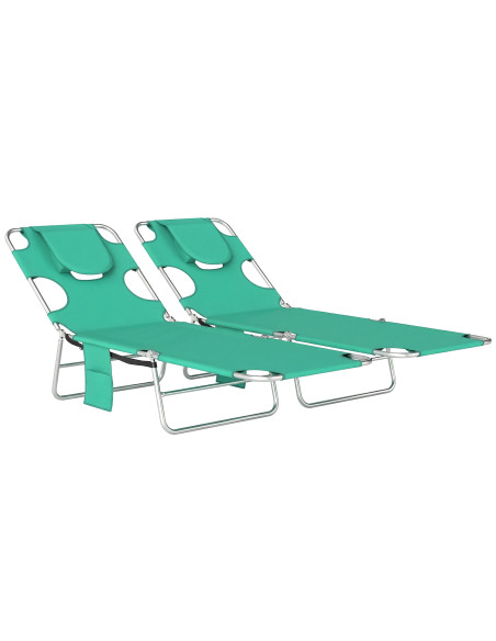 Outsunny 5-Position Adjustable Sun Loungers Set of 2 with Reading Hole and Side Pocket, Green - pic 189742 | FastDaddyshop