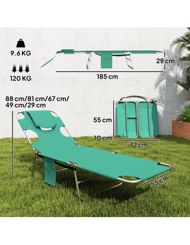 Outsunny 5-Position Adjustable Sun Loungers Set of 2 with Reading Hole and Side Pocket, Green